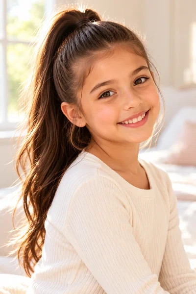 elementary-age girl sleek high ponytail at crown natural window light soft cream background portrait