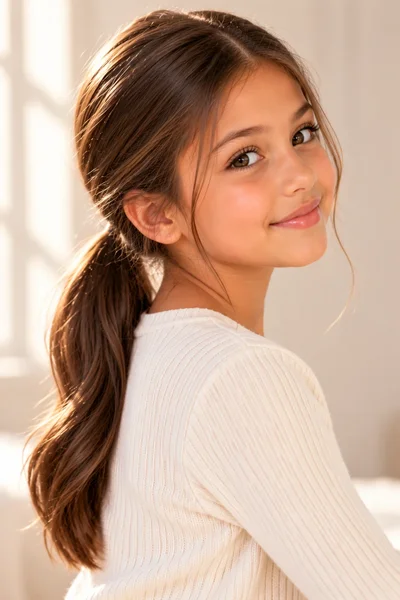 girl sleek low ponytail nape of neck smooth polished soft studio light neutral background portrait