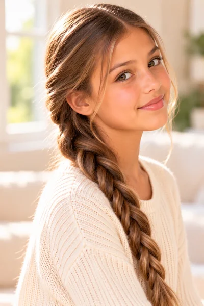 girl twisted rope braid over shoulder distinctive two-strand texture soft warm light neutral background