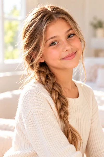 girl loose three-strand braid over shoulder honey-blonde hair natural window light cream background