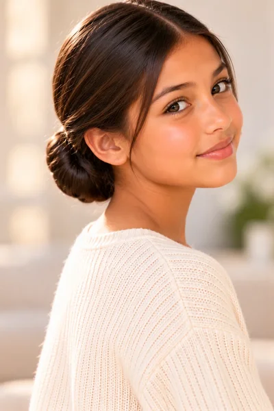 tween girl sleek smooth low bun at nape no flyaways clean polished soft studio light portrait