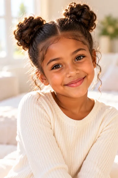 little girl two neat round space buns playful bright expression soft natural daylight portrait