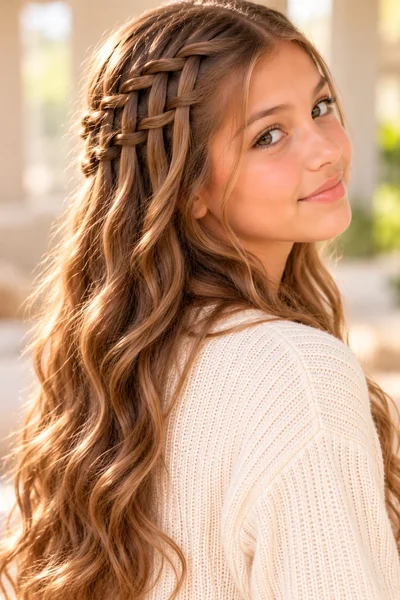 tween girl waterfall braid across one side strands cascading naturally rest of hair flowing below