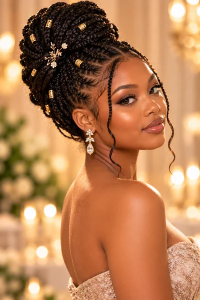 30 Braided Prom Hairstyles 2026 That Will Turn Every Head 9 box braid formal updo — protective braided prom hairstyle 2026 with decorative gold pins