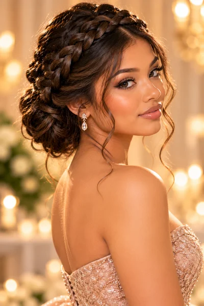 30 Braided Prom Hairstyles 2026 That Will Turn Every Head 6 braided crown with twisted bun — romantic braided prom hairstyle 2026 for medium to long hair