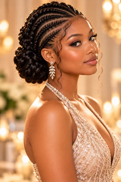 30 Braided Prom Hairstyles 2026 That Will Turn Every Head 7 cornrow-to-bun updo — sleek braided prom hairstyle 2026 on natural hair with geometric pattern