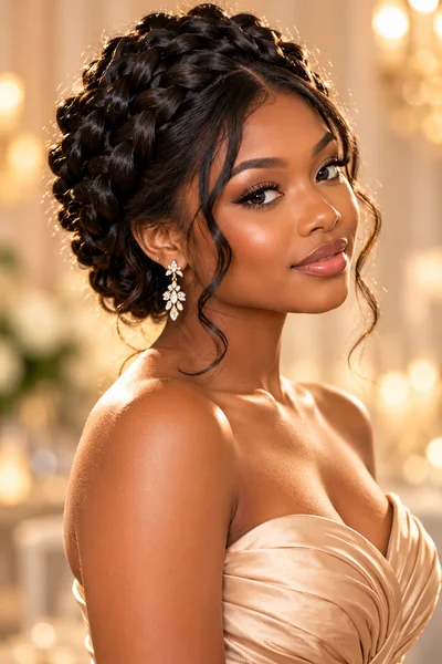 30 Braided Prom Hairstyles 2026 That Will Turn Every Head 3 Dutch braid crown updo — braided prom hairstyle 2026 on natural dark hair with face-framing tendrils