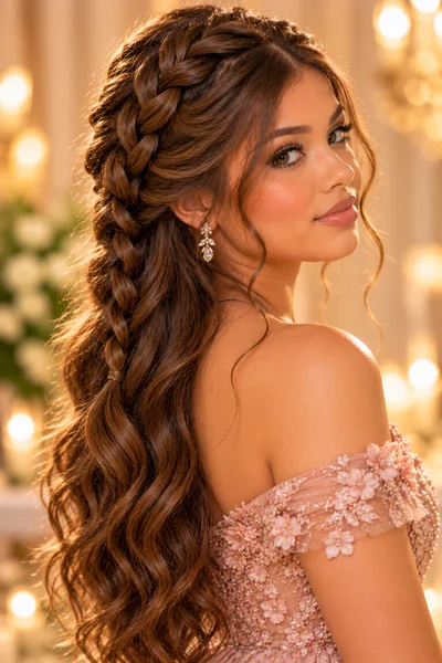30 Braided Prom Hairstyles 2026 That Will Turn Every Head 11 Dutch braid half-up with loose waves — braided prom hairstyle 2026 with raised 3D braid detail