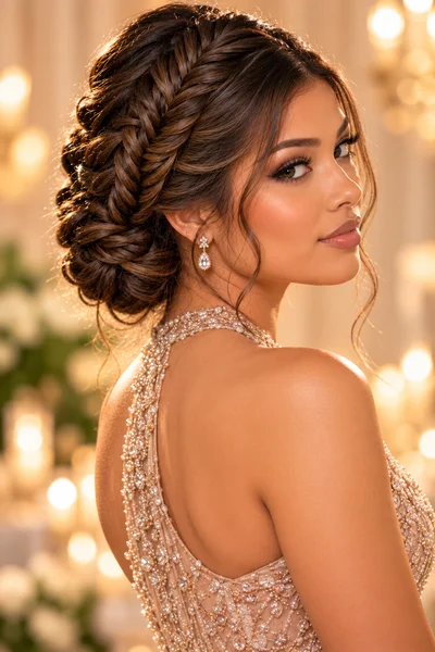 30 Braided Prom Hairstyles 2026 That Will Turn Every Head 8 fishtail braid updo — intricate braided prom hairstyle 2026 with herringbone detail pinned at nape