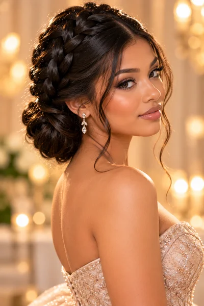 30 Braided Prom Hairstyles 2026 That Will Turn Every Head 5 French braid updo with low chignon — classic braided prom hairstyle 2026 on long dark hair