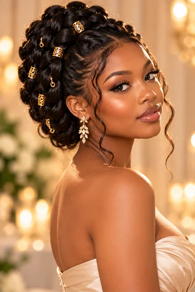 30 Braided Prom Hairstyles 2026 That Will Turn Every Head 4 goddess braid updo with gold cuffs — elegant braided prom hairstyle 2026 on natural hair