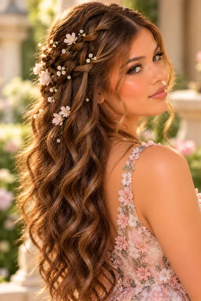 30 Braided Prom Hairstyles 2026 That Will Turn Every Head 17 loose waterfall braid with flowers — boho braided prom hairstyle 2026 on long wavy hair