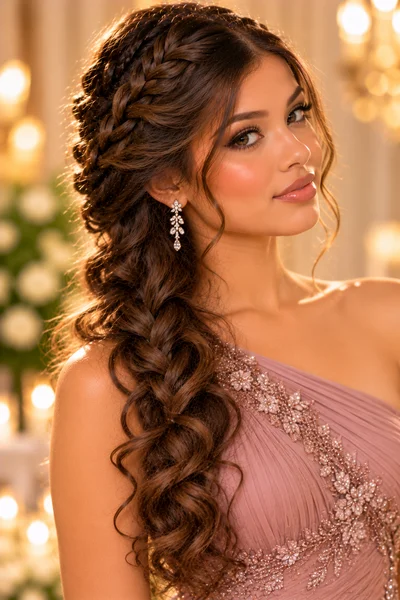 30 Braided Prom Hairstyles 2026 That Will Turn Every Head 13 side braid half-up with curled ends — asymmetric braided prom hairstyle 2026 on long hair