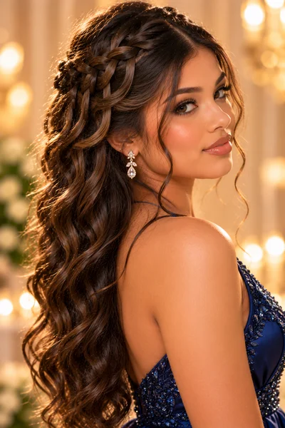 30 Braided Prom Hairstyles 2026 That Will Turn Every Head 10 waterfall braid half-up — romantic braided prom hairstyle 2026 on long thick wavy dark hair
