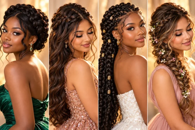 30 braided prom hairstyles 2026 — Dutch braid crown, waterfall half-up, goddess braids, and boho fishtail collage