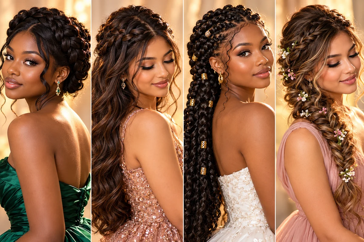 30 Braided Prom Hairstyles 2026 That Will Turn Every Head 2 30 braided prom hairstyles 2026 — Dutch braid crown, waterfall half-up, goddess braids, and boho fishtail collage