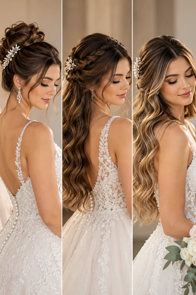 Collage showing the same model in three style categories — updo, half-up, and loose waves — each labeled with the face shape it suits best.