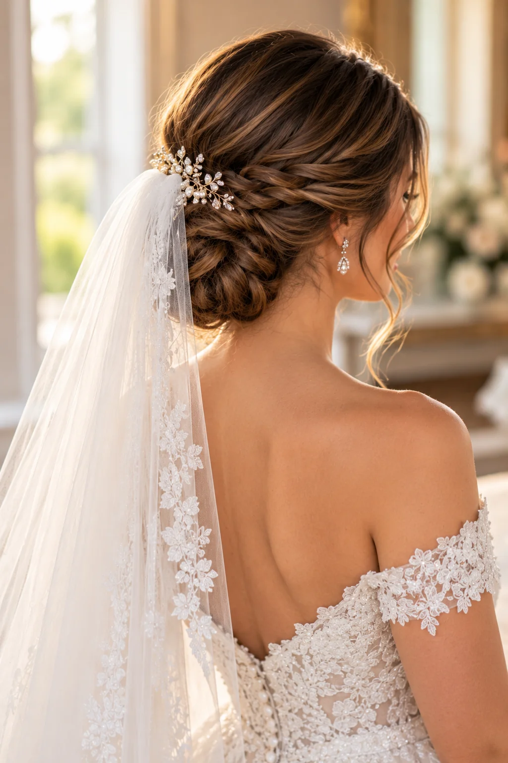 rear view bride low braided chignon at nape with fingertip veil off-shoulder ivory gown