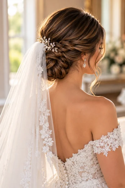 Low braided chignon bridal hairstyle for long hair with a fingertip veil, photographed from behind showing the neckline of an off-shoulder gown