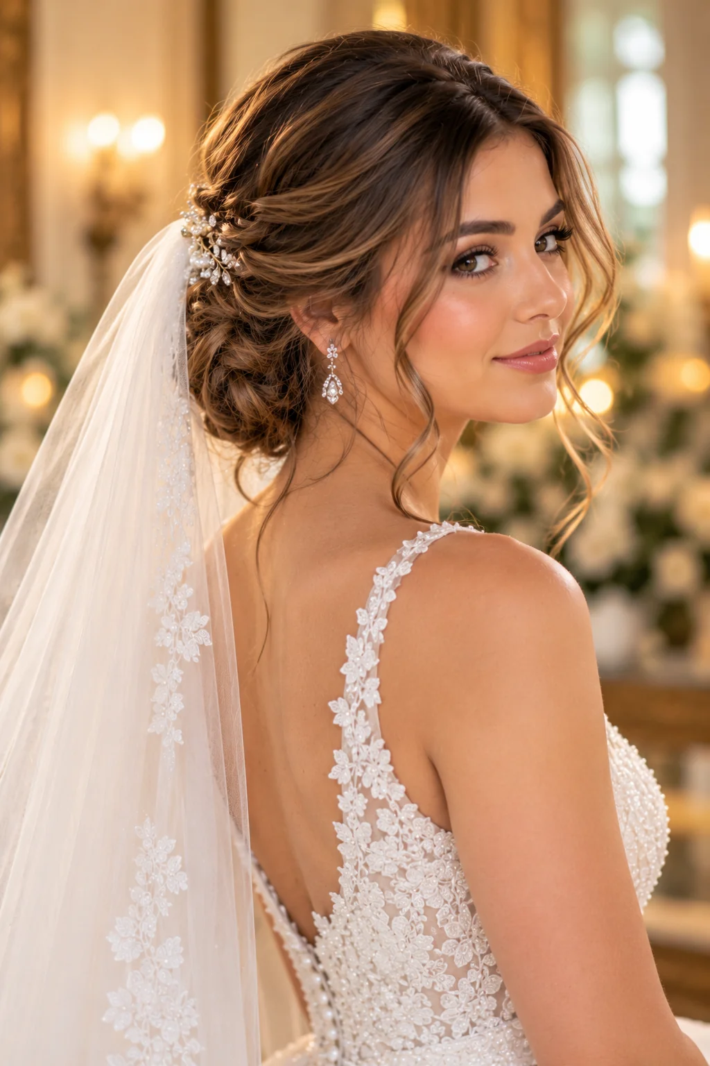 three-quarter view bride soft twisted low chignon wispy face-framing tendrils blusher veil