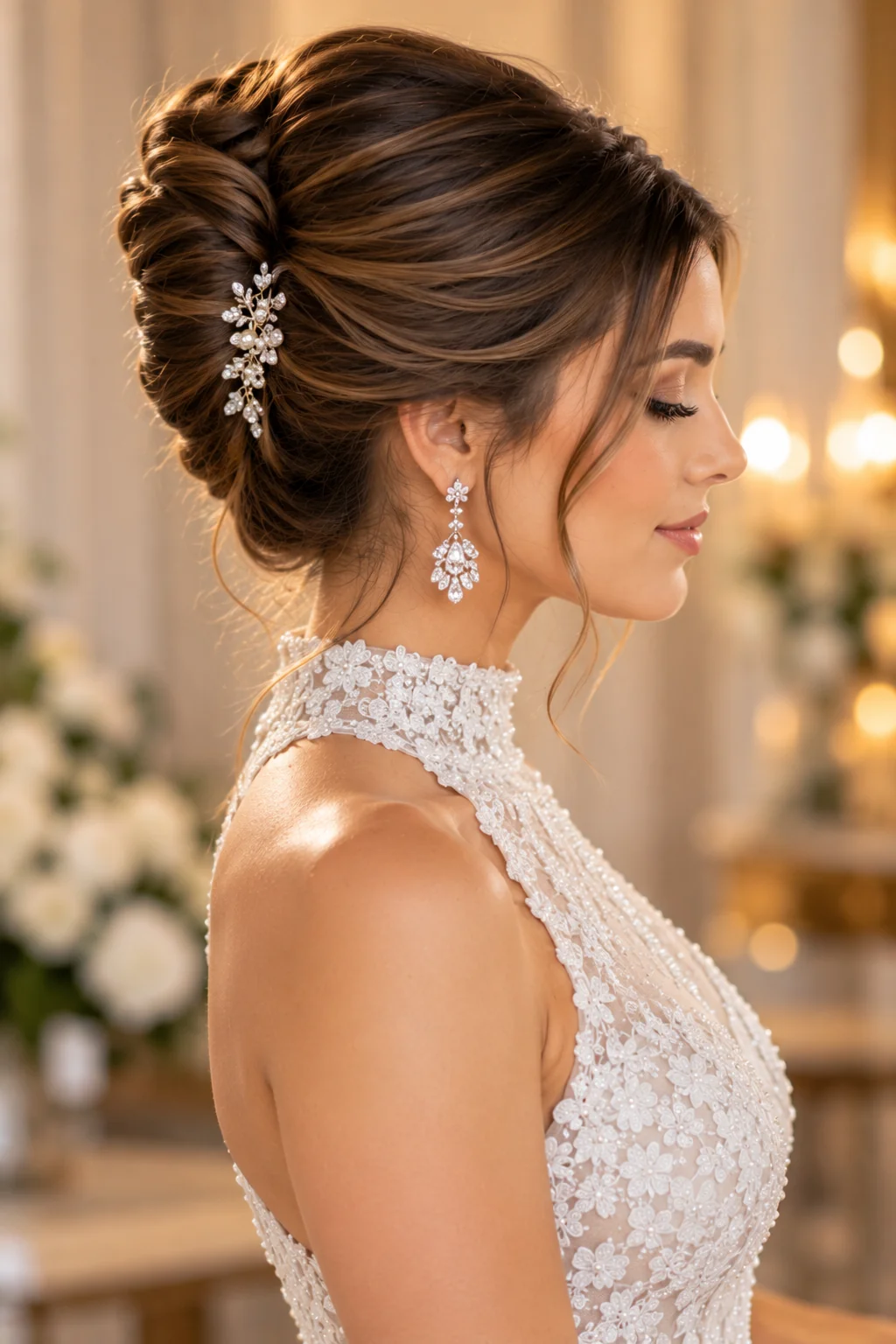 side profile bride sleek vertical French twist updo chandelier earrings high-neck gown