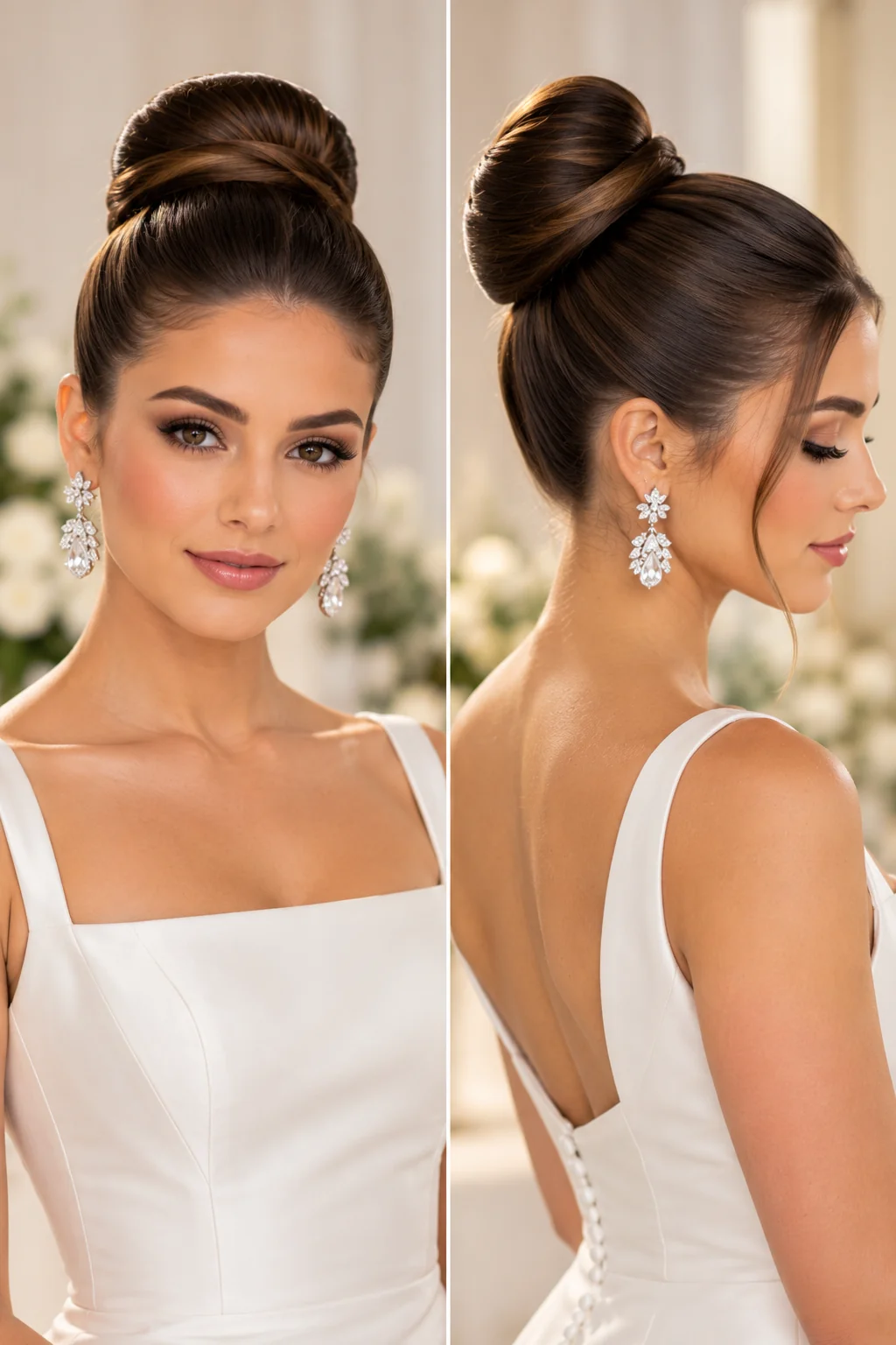 front side view bride high polished ballerina bun no flyaways statement earrings sheath gown