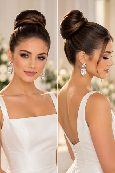 Polished ballerina bun bridal hairstyle for long hair at the crown, sleek and architectural with statement earrings visible, formal wedding