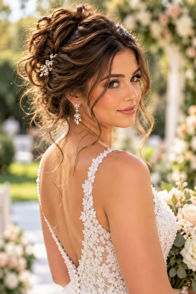 Messy bridal updo for long hair, tousled and effortlessly undone style with loose sections pinned at varying angles, romantic garden wedding look