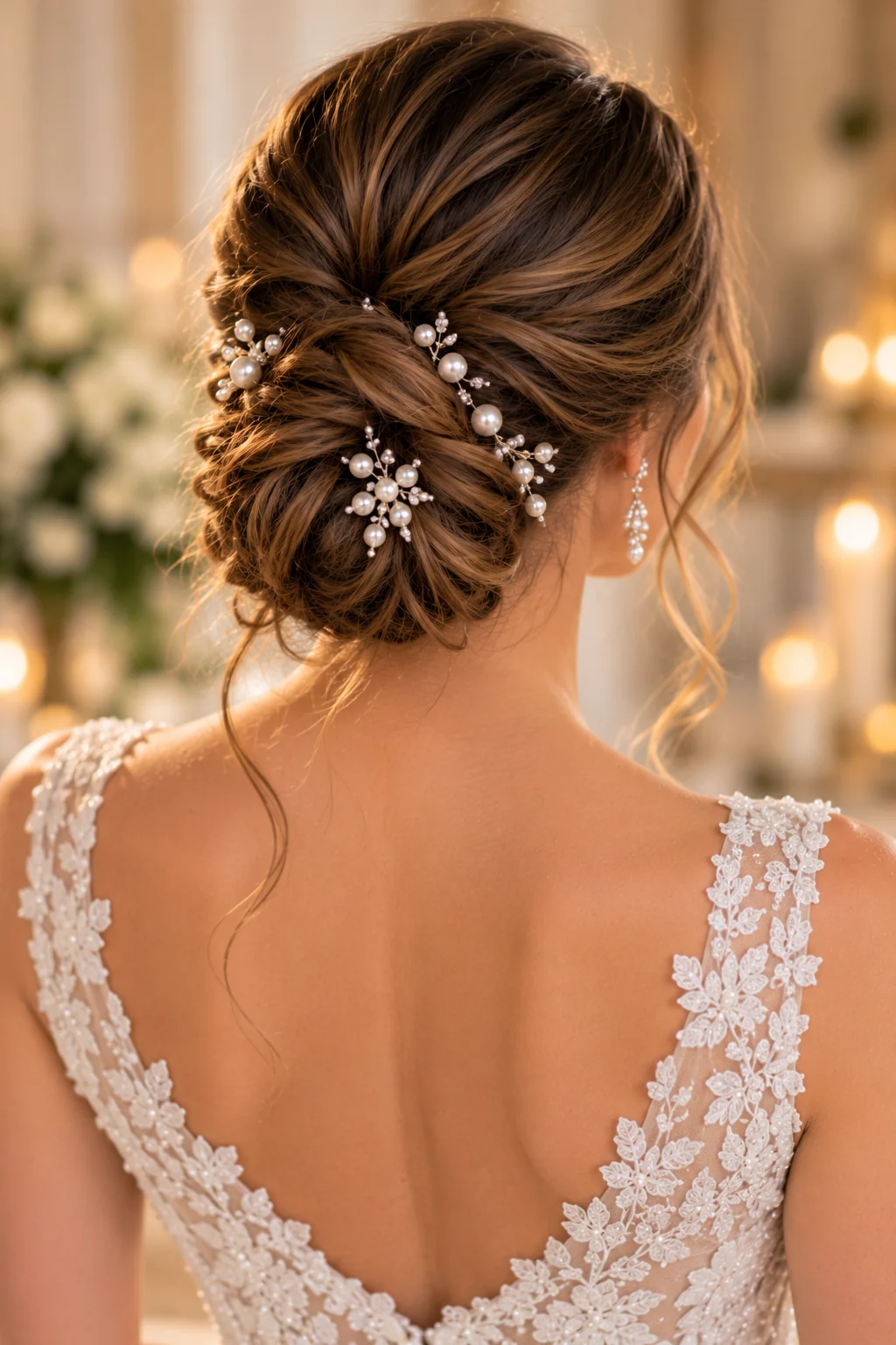 rear view bride textured knotted low bun pearl pins scattered lace gown warm lighting