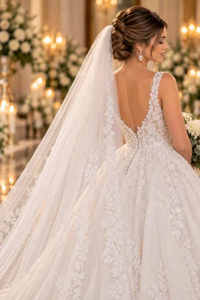 Rolled chignon bridal hairstyle with cathedral veil for long hair, classic and retro-inspired bun with dramatic veil drape, formal ballgown wedding