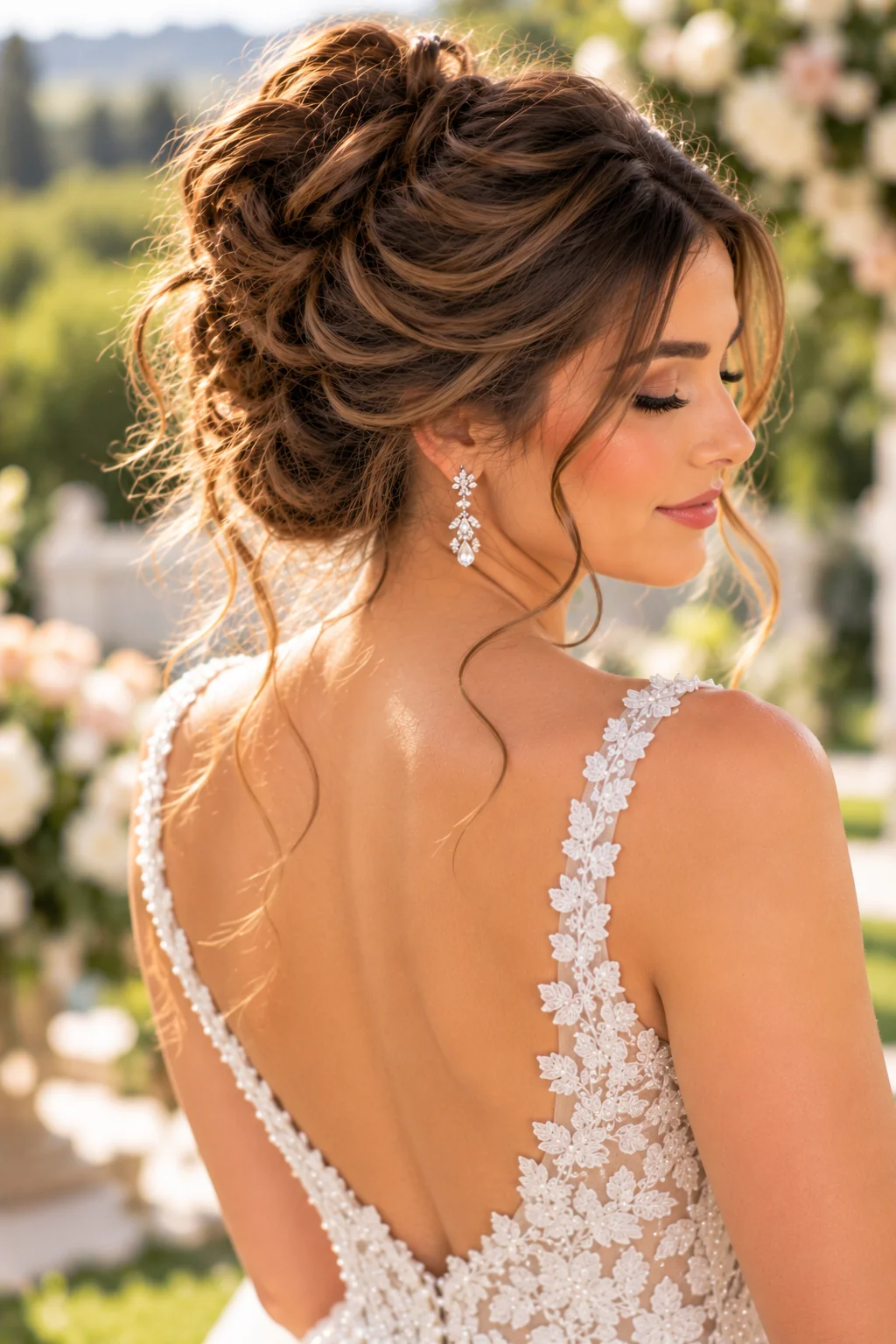 three-quarter rear view bride relaxed textured loose updo wavy hair outdoor natural light