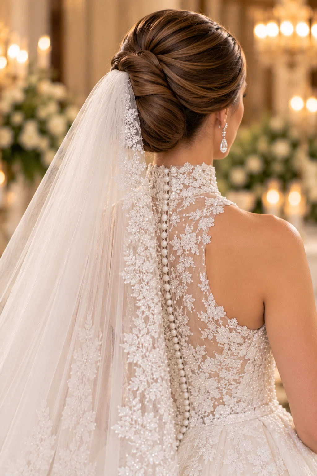 rear view bride perfectly smooth polished updo high-neck gown cathedral veil formal lighting