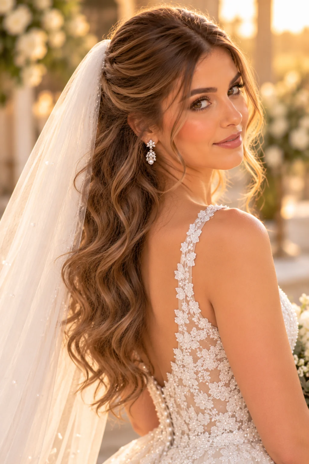 front three-quarter view bride soft gathered half-up loose romantic waves blusher veil golden hour