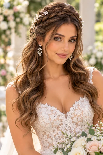 Braided crown half-up bridal hairstyle for long hair, crown braid running temple to temple with pearl floral pins, loose waves flowing below, garden wedding