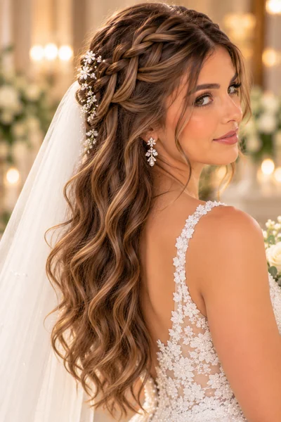 Waterfall braid half-up bridal hairstyle for long straight hair, horizontal cascade braid on one side with waves flowing freely below, romantic elegant wedding