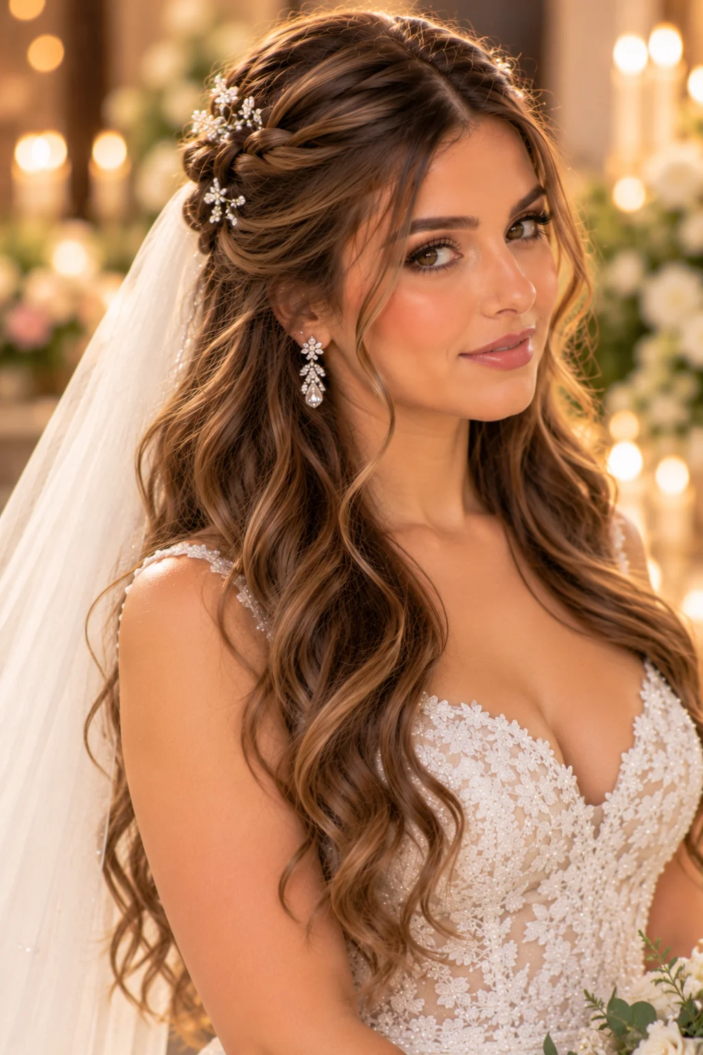 front three-quarter view bride two twisted sections crown crystal sparkle pins loose hair below