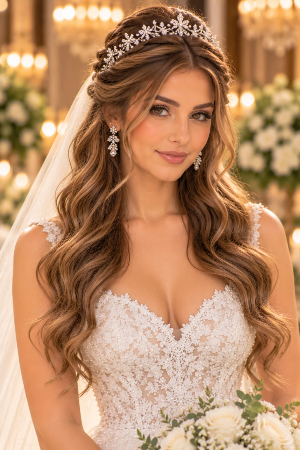 front view bride soft gathered half-up delicate crystal pearl tiara loose waves ballroom