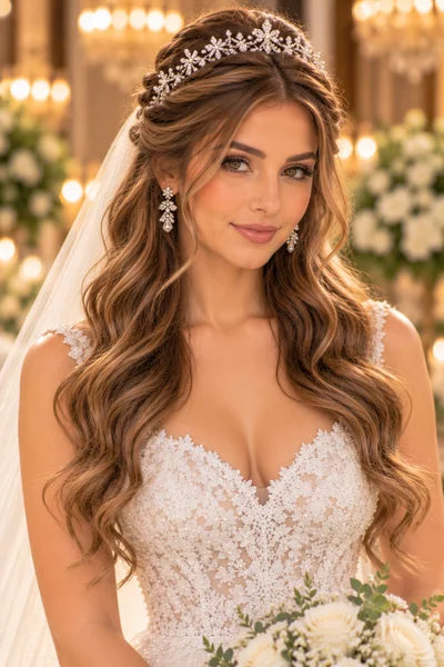 Half-up bridal hairstyle with tiara for long hair, tiara positioned above the gathered crown section, loose waves flowing below, princess wedding look