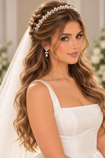 Half-up bridal hairstyle with pearl headband for long hair, headband behind the hairline with smooth hair flowing over and below, modern minimalist wedding