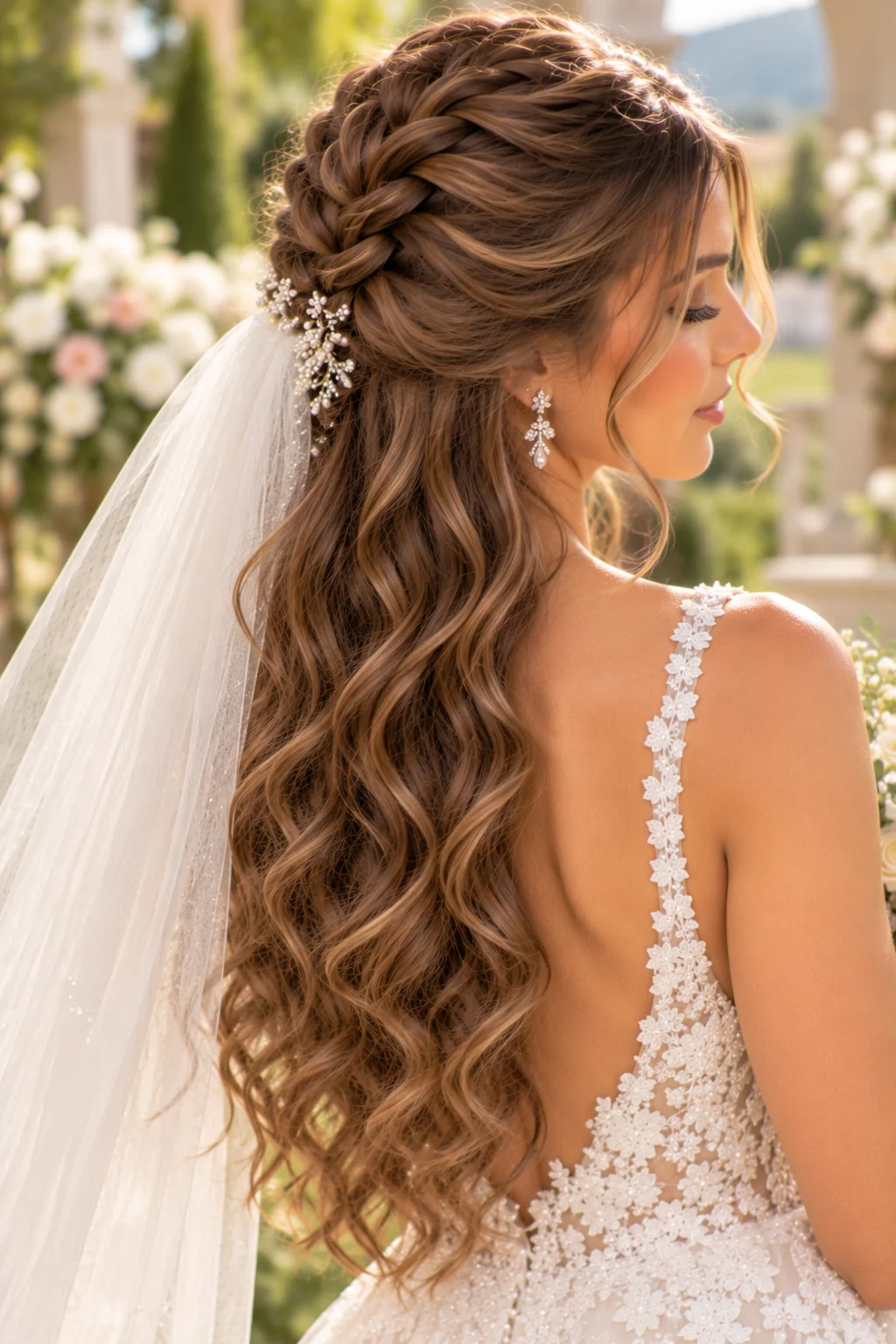 rear three-quarter view bride French braid crown secured midway loose curls cathedral veil outdoor