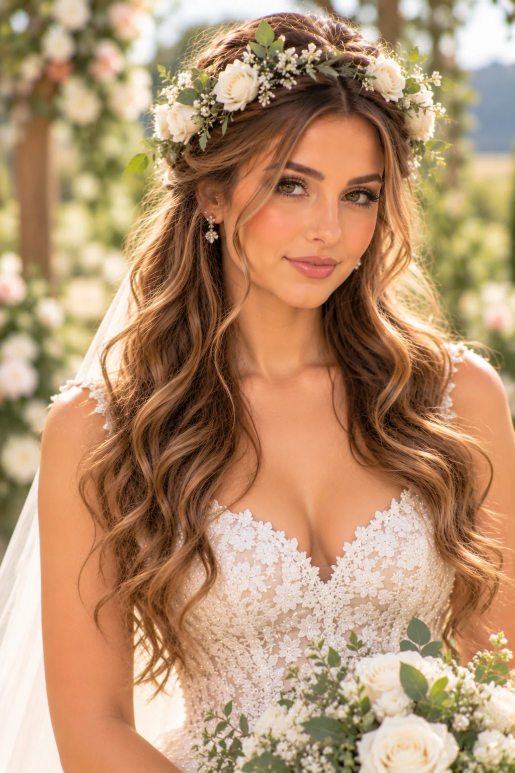 front view bride loosely gathered half-up fresh flower crown white roses wavy hair garden ceremony
