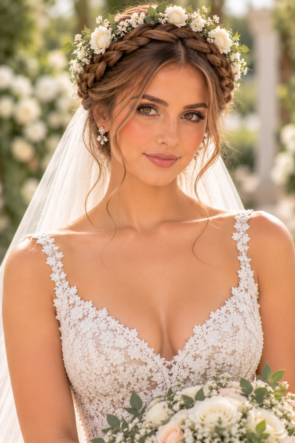 front view bride complete halo braid milkmaid crown fresh flower crown soft outdoor lighting