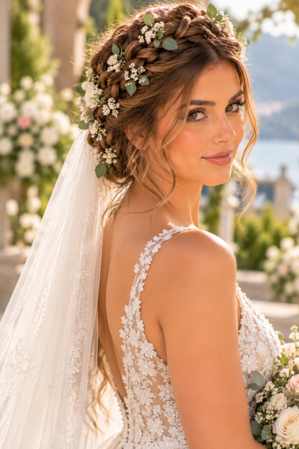 three-quarter view bride loosened stretched crown braid fresh floral stems eucalyptus outdoor wedding