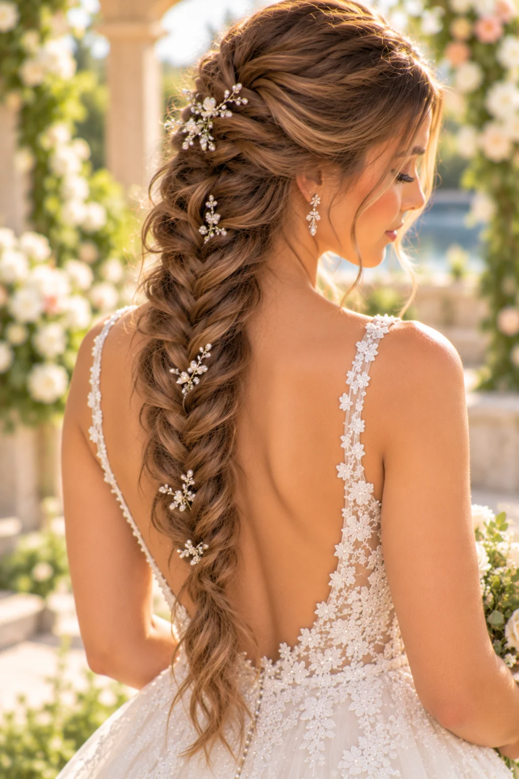 rear three-quarter view bride loose fishtail braid down center back edges pulled outward outdoor ceremony