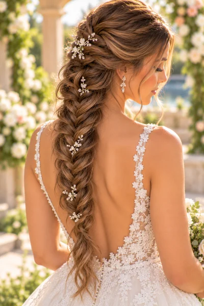 Fishtail braid down bridal hairstyle for long thick hair, loose fishtail braid with edges pulled for a romantic soft texture, boho wedding look