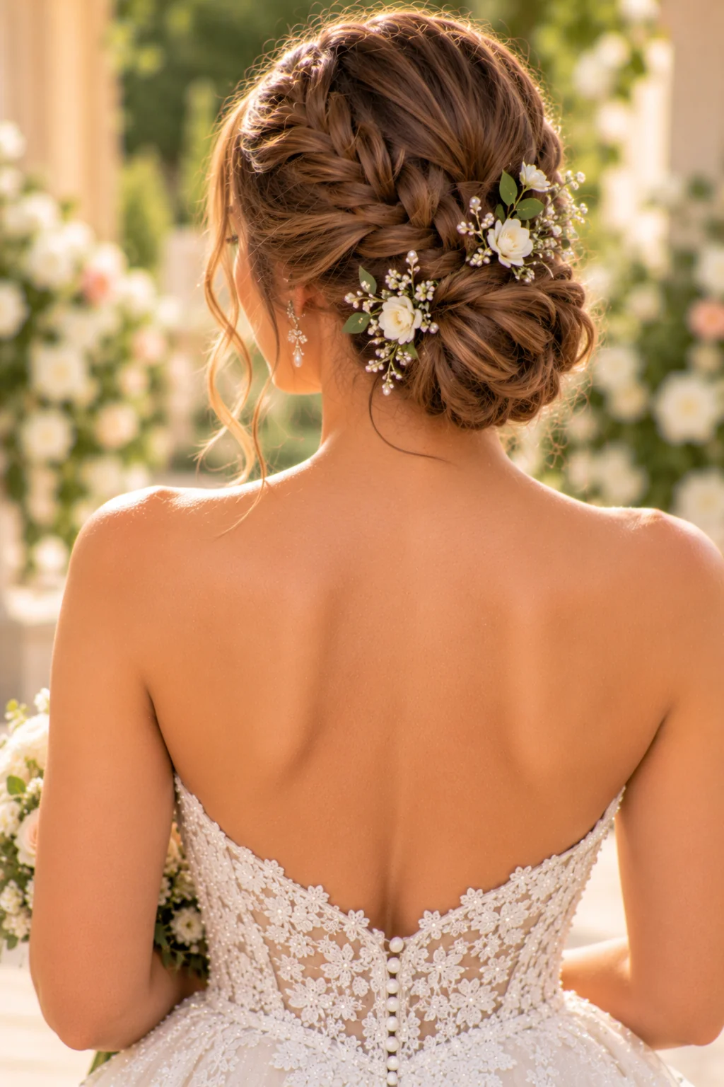 rear view bride fishtail-braided low bun pearl pins small floral stems sweetheart neckline gown