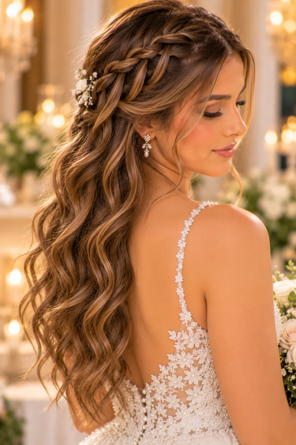 three-quarter side view bride waterfall braid flowing into loose romantic waves pearl pin indoor venue