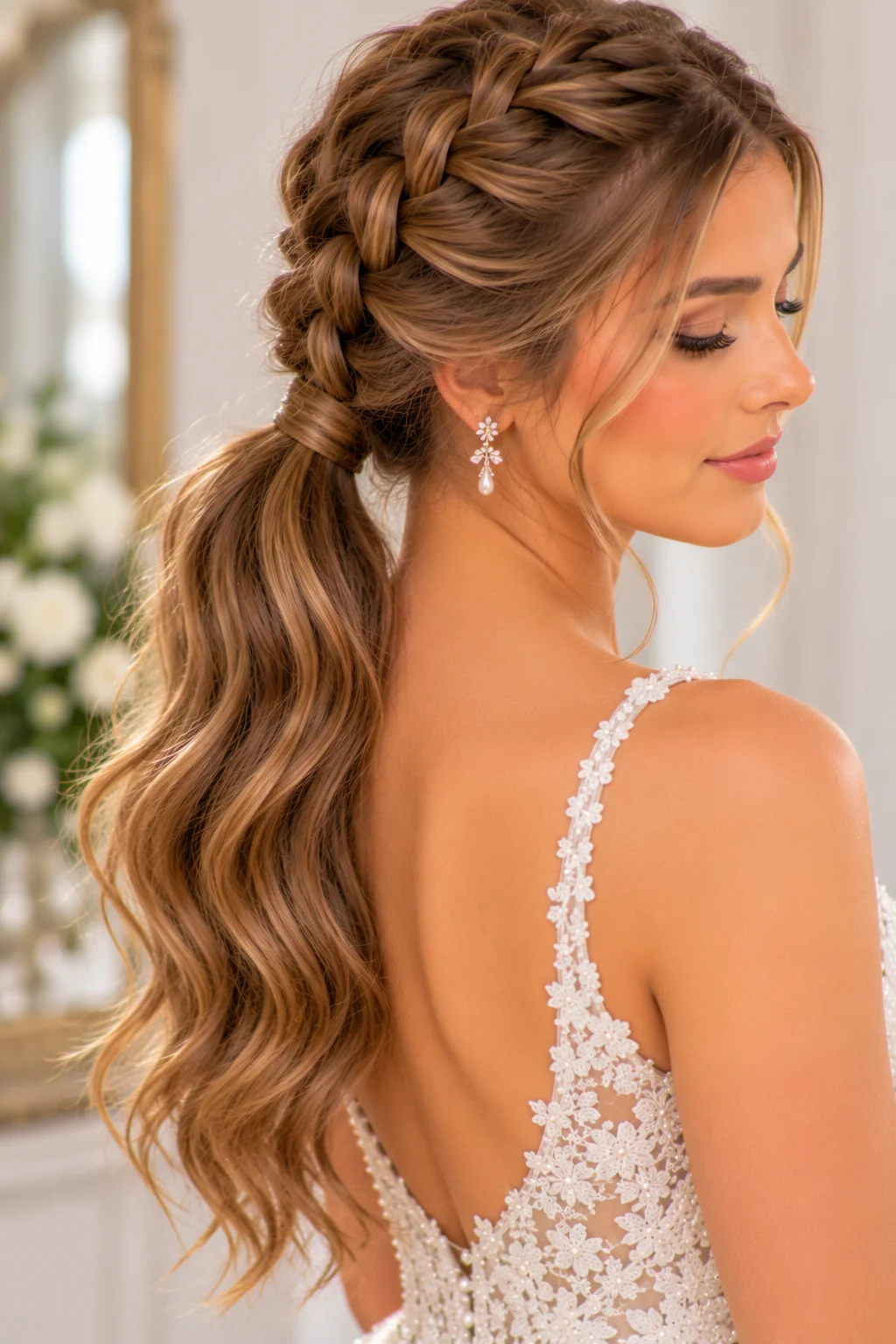 side three-quarter view bride Dutch braid crown to nape sleek low ponytail fine smooth hair studio