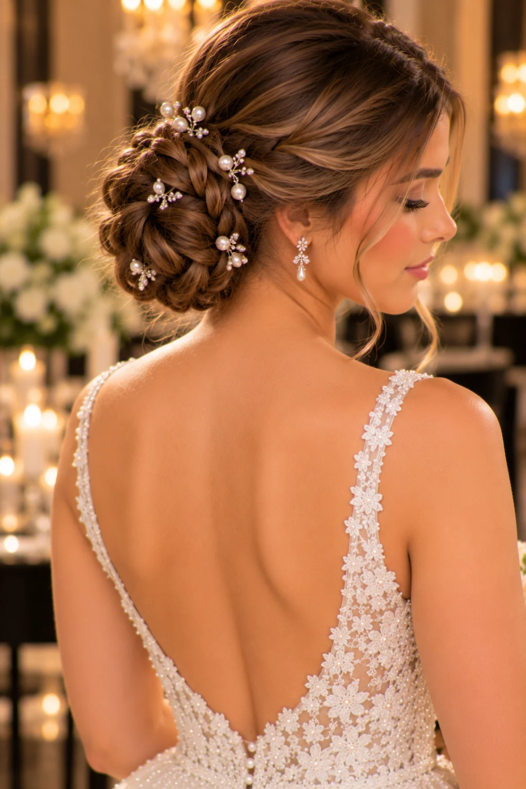 rear three-quarter view bride tightly coiled braided chignon pearl pins formal black-tie venue
