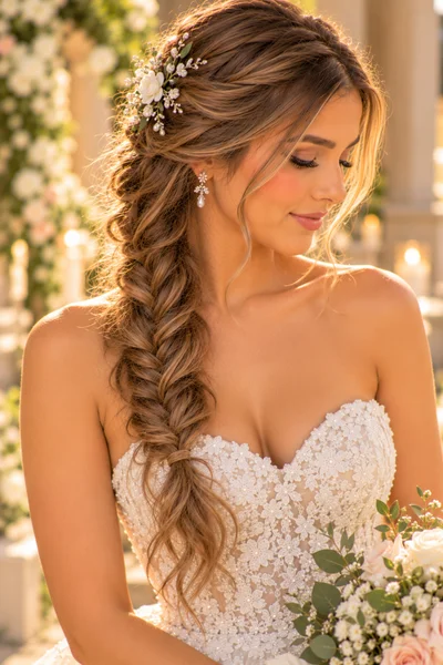 Side fishtail braid bridal hairstyle for long thick hair, fishtail braid draped over one shoulder with floral pin at crown, strapless gown wedding look